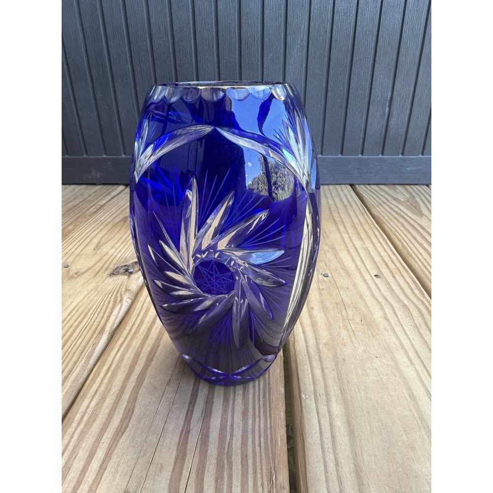 Vintage Kobalt Blue Cut to Clear Crystal Lead Vase 8" Glass